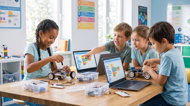 A group of diverse children engaged in a fun and interactive robotics project in a modern classroom setting.