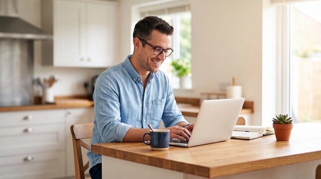 A smiling man working on his laptop at a kitchen counter with a cup of coffee and a small plant nearby.