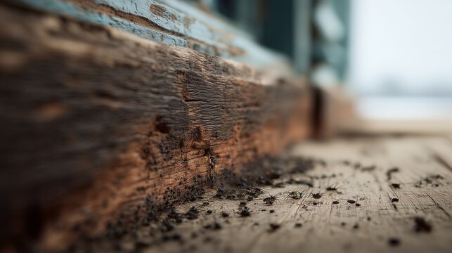 Close up of termite on damaged wood beam showing structural damage and infestation, concept of control, inspection, and repair for building protection.