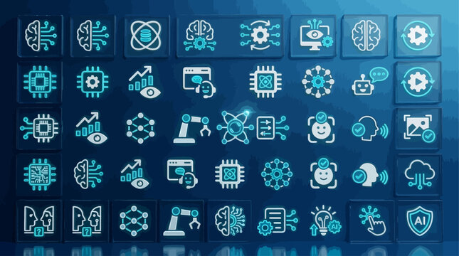 A collection of various technology and science related icons on a blue background.