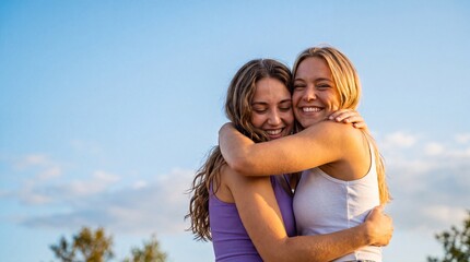 Fototapeta premium Two young women embracing and smiling at each other outdoors during sunset