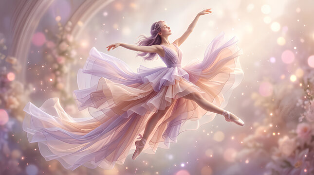 Ethereal Graceful Ballerina Dancing in Magical Dreamy Fantasy Light with Sparkling Golden Orbs and Glowing Particles