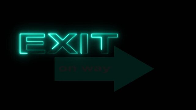 Neon exit sign with directional arrow animation on black background, for wayfinding and, navigation