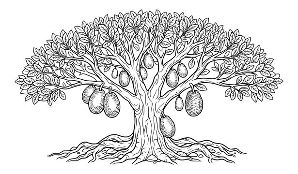 Hand Drawn Jackfruit Tree with Fruits Vintage Botanical Engraving Vector Illustration
