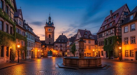 Fototapeta premium Cobblestone square with a stone fountain and half-timbered houses in colmar, france at twilight