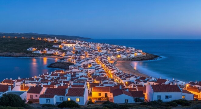 Aerial view of ferragudo village with white houses, red roofs, and coastal beaches at blue hour dusk