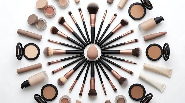 Professional makeup brushes and cosmetic products arranged in a circular pattern for beauty routine. beginner makeup tips