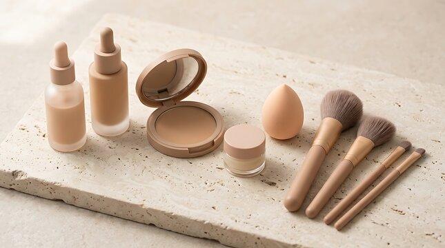 Set of various makeup brushes and cosmetic liquid foundation bottles with powder compact on a stone slab. beginner makeup tips