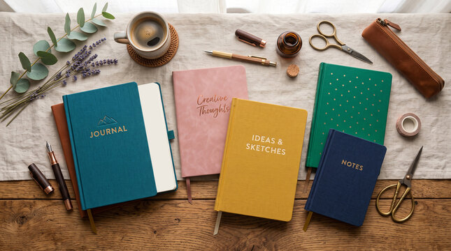 Colorful notebooks and stationery. Creative workspace supplies
