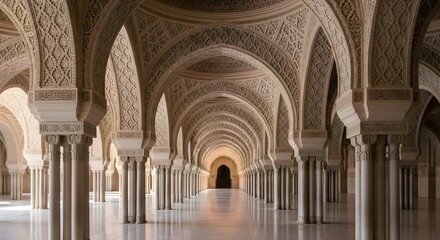 Fototapeta premium Elegant arched corridor with intricate Islamic patterns. Long perspective view of historic architectural hallway for luxury design projects.