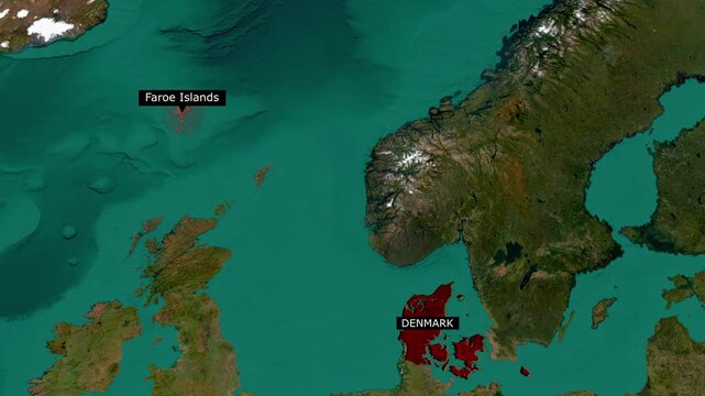 Faroe Islands and Denmark Highlighted Red on Satellite Map Animation North Atlantic Europe