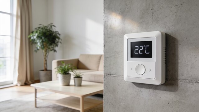 Modern living room with smart thermostat displaying 22 degrees Celsius for cozy home climate control