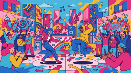 Vibrant Flat Illustration of a Hip Hop Dance Battle in a Colorful City Square, Diverse Crowd Cheering, DJ Playing Music, Graffiti Art Background, Dynamic Urban Scene © Leandri