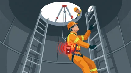 Workers perform tasks in confined spaces requiring safety permits under OSHA regulations while using equipment for monitoring and evacuation. © Anat art