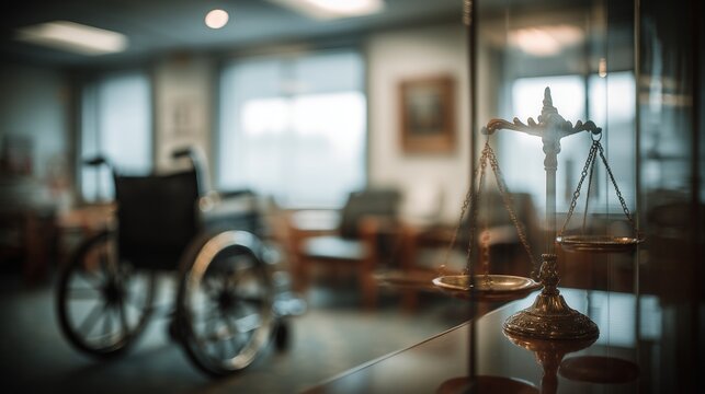 Golden legal scale in foreground and wheelchair in blurred office background symbolize elder abuse, nursing home neglect and justice for elderly care.