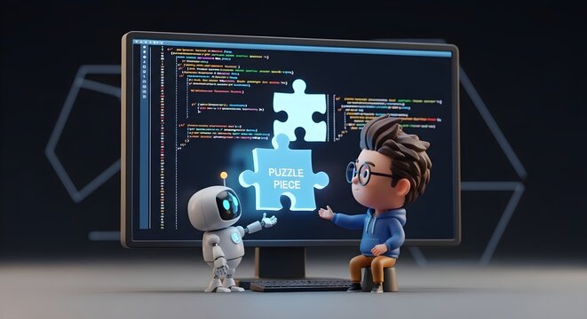 Young programmer working with a robot and computer code. Female developer collaborating with AI technology in a modern workspace.