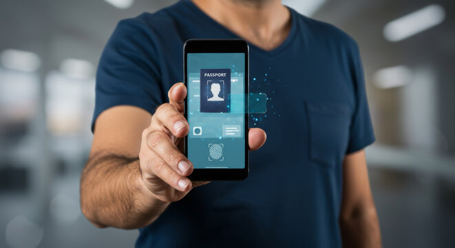 Man holding smartphone with digital passport app and biometric fingerprint. Identity verification concept for secure travel and online security.