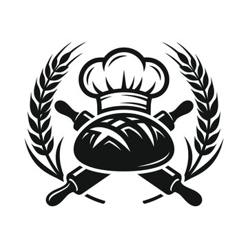 Professional bakery logo design with chef hat, bread, and wheat ears vector