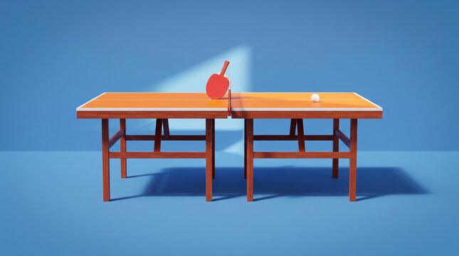 Ping pong table with red paddle. Table tennis equipment setup