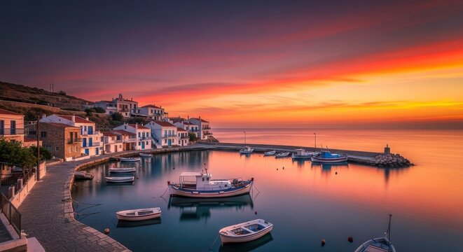 Sunset over a greek island harbor with white houses, moored fishing boats, and a vibrant orange sky