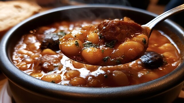 Steaming asturian fabada stew with faba beans, chorizo, and morcilla. Ladle filling with hearty spanish cuisine, ready to eat from a dark bowl