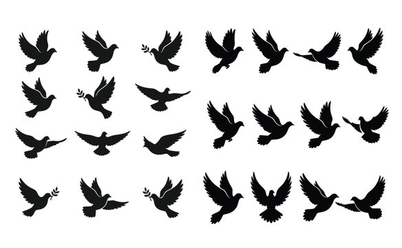 Collection of flying dove silhouettes for peace and freedom vector