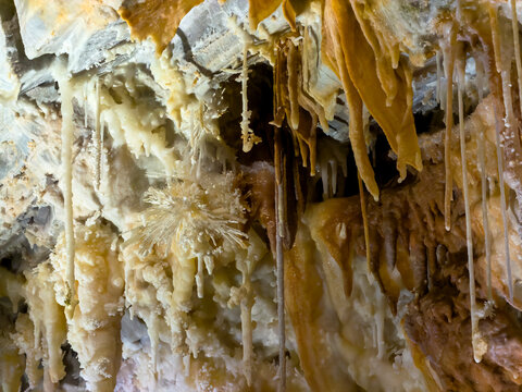 Mixed Crystal and Stalactite Cave Ceiling Closeup