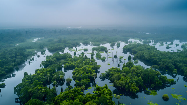 Breathtaking mist-covered aerial landscape view overlooking the vast Ratargul Swamp Forest, Bangladesh