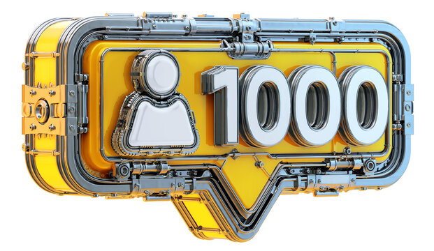 User icon, 3D isolated render. Steampunk metal profile sign, cyberpunk 1000 followers symbol, chrome robot avatar. Social media subscriber, industrial web UI element, account avatar, cybernetic design