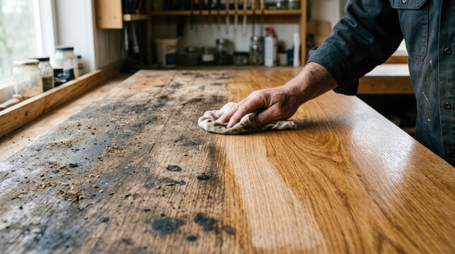 Person Cleaning Dust and Dirt from Wooden Workbench Surface