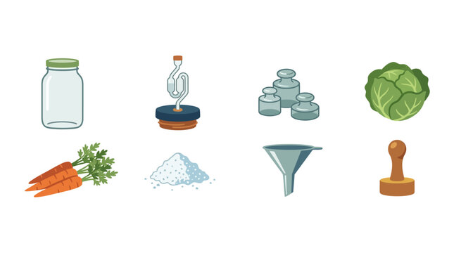 Vector illustration of food ingredients and kitchen utensils for cooking and meal preparation, ideal for culinary concept, recipe, or grocery related projects.