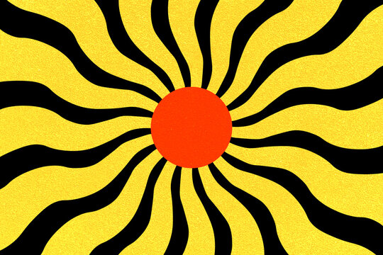 Vibrant sunburst radiates from a bold red center. Black wavy lines contrast against golden background.