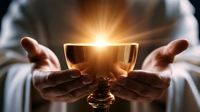 Hands reverently presenting a radiant golden chalice emanating divine light, representing spirituality, faith, and the sacred ritual of eucharist or the holy grail