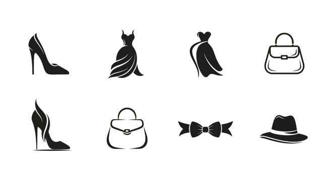Fashion icons with background including dresses collection black fashion heeled shoes handbags handbags bow tie high heeled accessories with silhouette