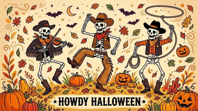 Howdy Halloween: Three dancing cowboy skeletons with musical instruments and a lasso, surrounded by autumn leaves and pumpkins, celebrating a festive spooky season