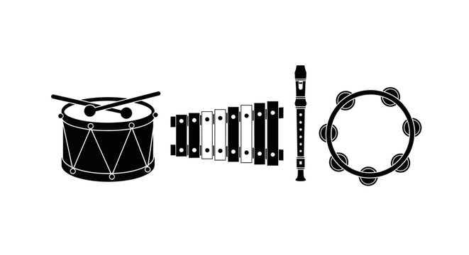 Black and white musical instrument icons with plain white background icons arranged row set four black instruments tambourine percussion with xylophone