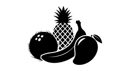 Black silhouette of fruit with silhouette bowling ball banana pineapple bottle apple white background illustration graphic simple symbol with icon © Kamola