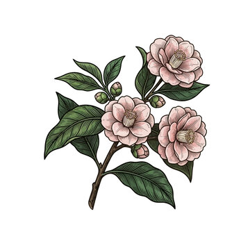 Camellia Botanical Engraving Illustration with Blooming Flowers Isolated on White Background