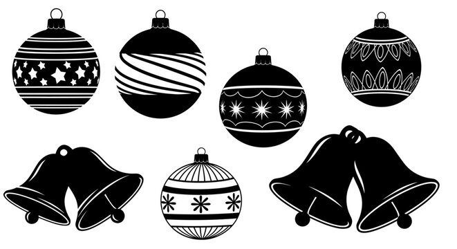 Black and white christmas ornaments and bells set vector illustration of decorative holiday balls and jingle bells isolated on white background