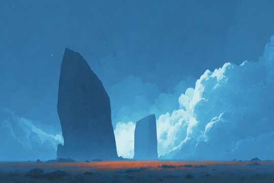 Two tall rocks in the middle of a desert surrounded by a vast expanse of sand and a sky filled with clouds. the sky is a deep blue and the sun is setting in the background casting a warm orange glow.