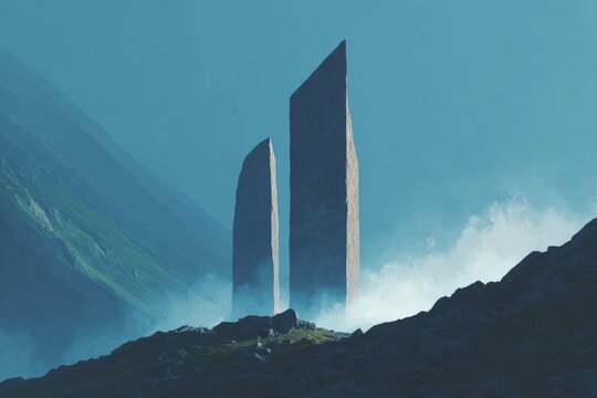 Two tall towers in the middle of a mountain range surrounded by lush green grass and rolling hills. the sky is a brilliant blue and the towers are illuminated by the sun creating a majestic and.