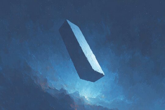 A large rock in the middle of a blue sky illuminated by the light of the sun. the rock is a stark contrast to the deep blue of the sky creating a and scene.