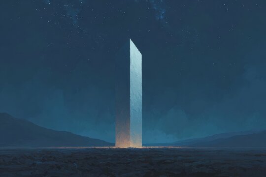 A tall obelisk standing in the middle of a desert at night surrounded by hills and illuminated by the stars in the sky.
