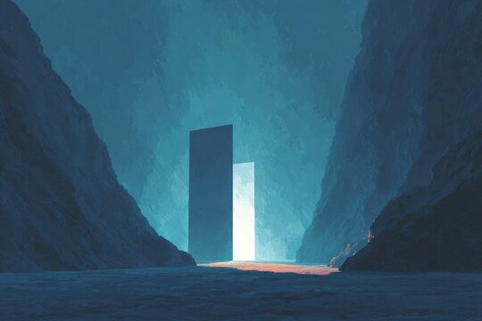 A surreal landscape with a tall building in the middle of a body of water surrounded by hills on either side. the sky is visible at the top of the creating a mysterious atmosphere.