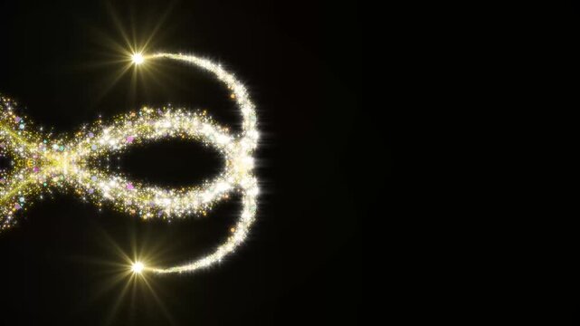 Magical golden particle trails with colorful glitter forming a triple loop design on black background