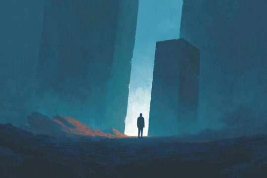 A man standing in the middle of a dark and mysterious landscape surrounded by tall buildings. he appears to be deep in thought perhaps reflecting on the art of the movie as if he is pondering the.