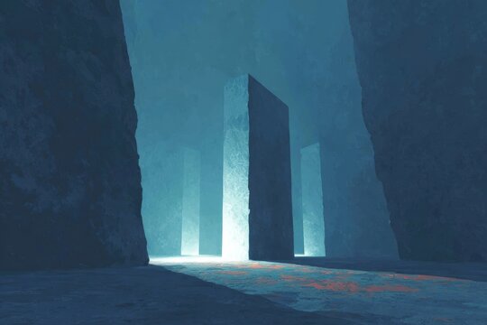 A dark tunnel with a light at the end of it illuminated by a few pillars in the middle. the floor is visible at the bottom of the and the walls of the tunnel are visible on either side.