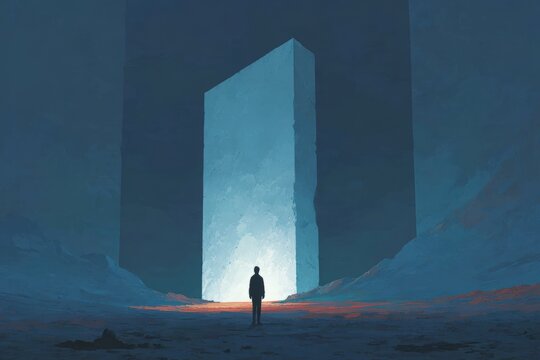 A man standing in front of a tall pillar in the middle of a desert surrounded by a vast expanse of snowcovered terrain. the sky is a deep blue and the sun is setting in the background casting a warm.