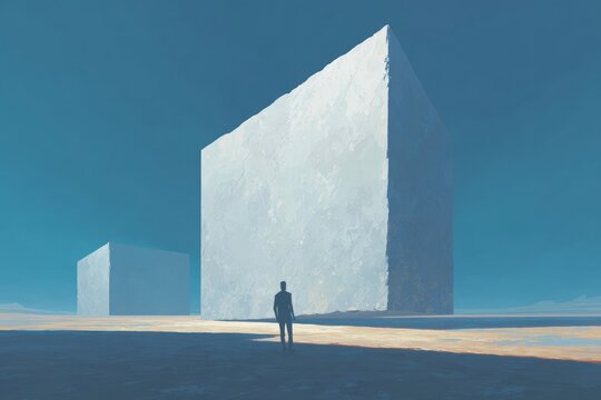 A man standing in front of a large white cube in the middle of a desert. the sky is visible in the background and the man appears to be looking up at the cube.