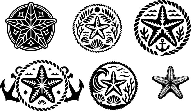 Black silhouette nautical and marine life icon set featuring starfish, sea shells, anchors, waves, and rope borders in circular badge designs.